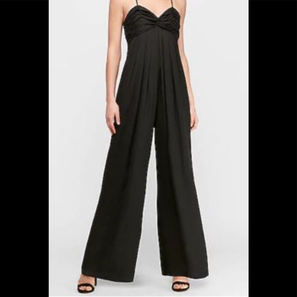 express pleated twist front wide leg jumpsuit